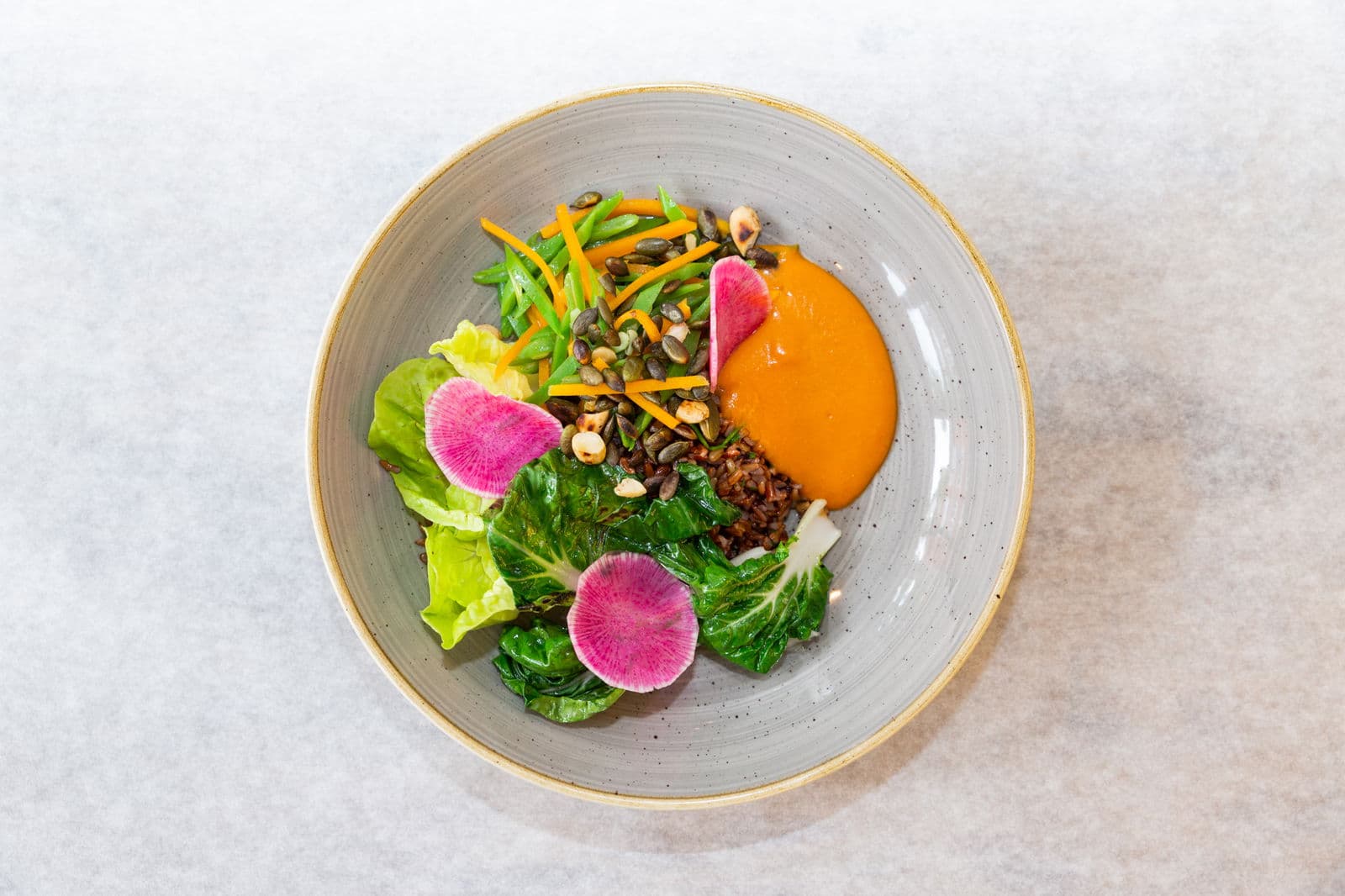 Rode rijst met tomatillos-paprika-prei creme, paksoi, red meat radijs, snijboon en cashew